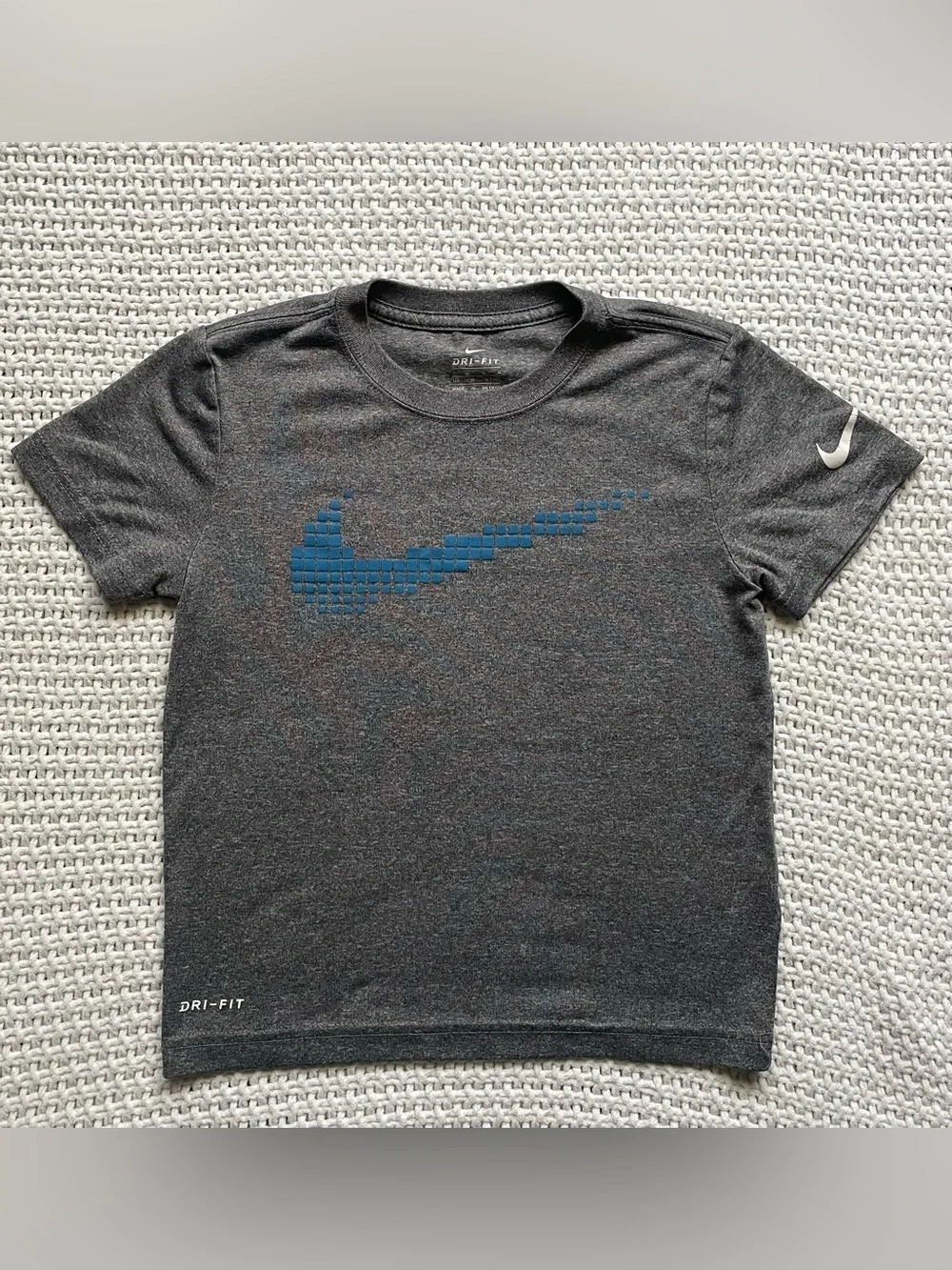 Nike Gray Tee with Blue Pixel Swoosh & Navy Patterned Shorts